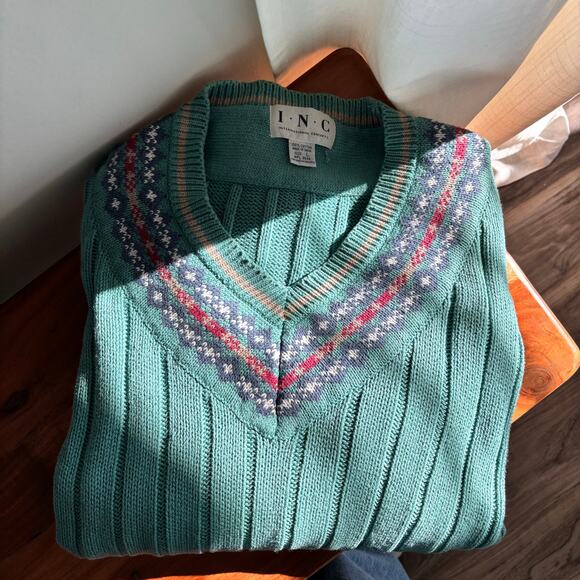 Vintage 90s INC Teal Purple V Neck Fisherman Knit Sweater Size Large 100% Cotton - Picture 4 of 8